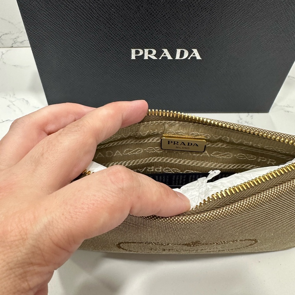 Prada Logo Jacquard Beige Canvas Small Flat Pouch Clutch Bag - Picture 5 of 8